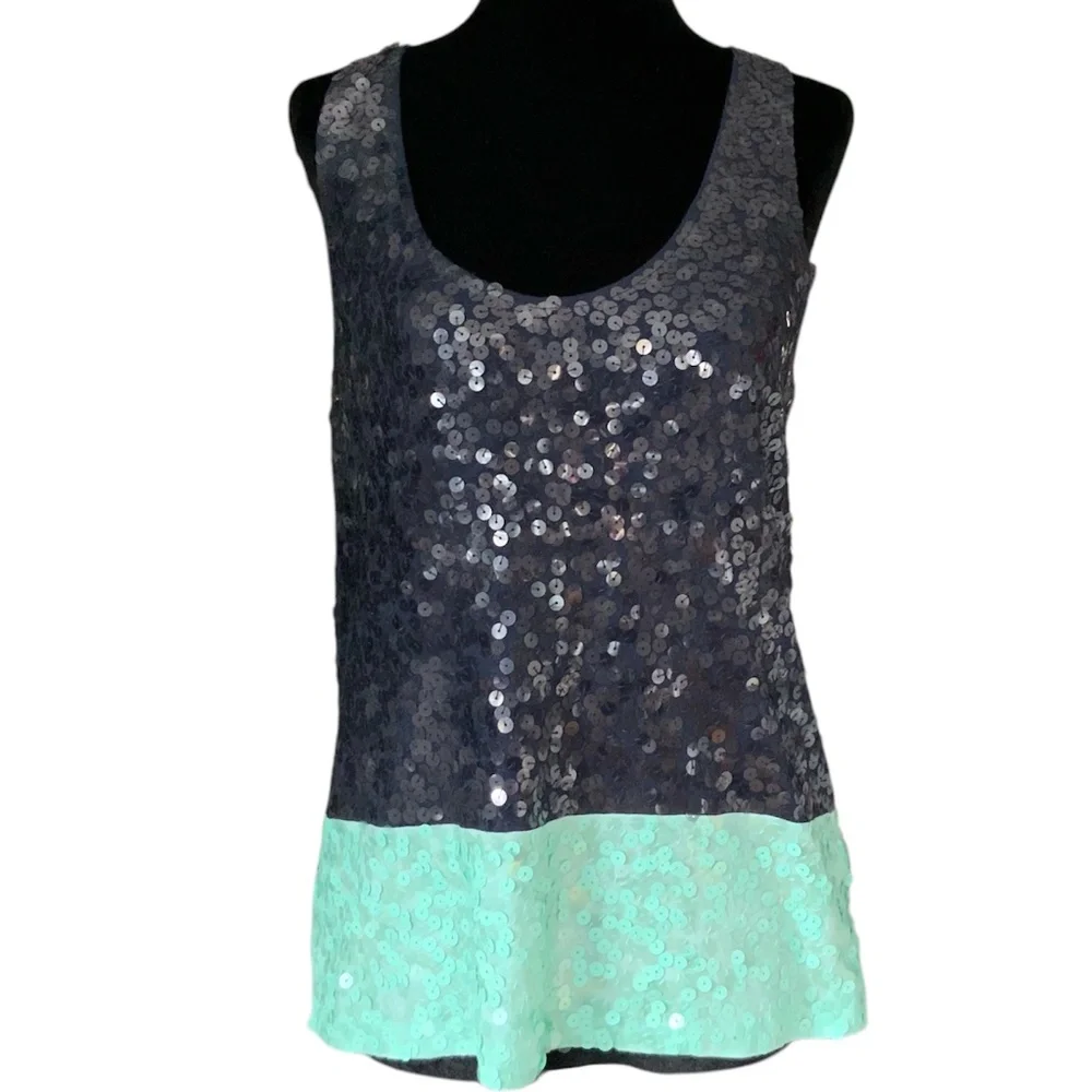 J Crew Sequin Embellished Round Neck Sleeveless Tank Top Navy Seafoam Gr…